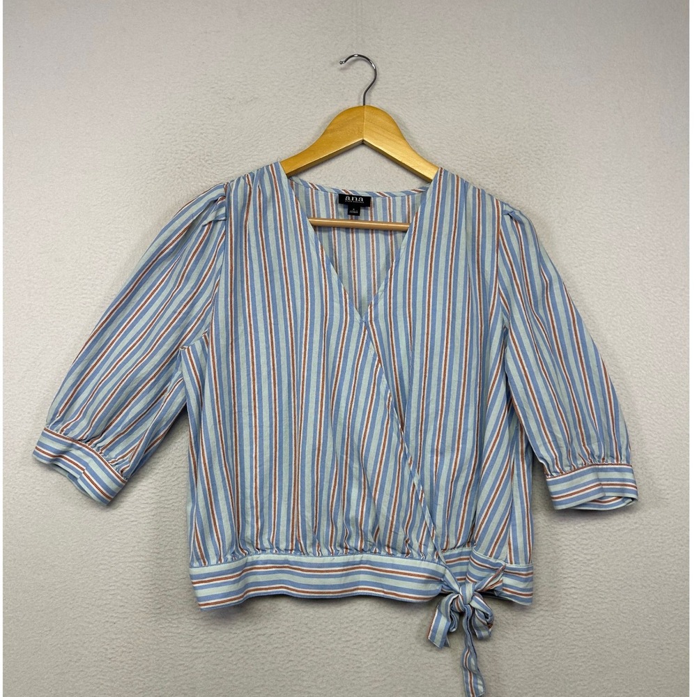 Coastal Nautical a.n.a Women S Blue Striped Wrap Tie Blouse Office Hamptons